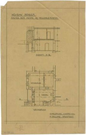 Billing, Hermann; Karlsruhe, Maximilianstr. 10 / Weberstr. 7; Doppelhaus Lang - Stober - Haushälfte Stober, Anlage der Küche im Keller(Grundriss; Schnitt)