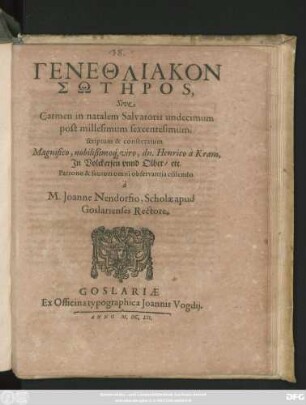 Genethliakon Sōtēros, Sive Carmen in natalem Salvatoris undecimum post millesimum sexcentesimum