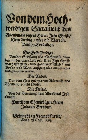 Von dem Hochw. Sacrament des Altares : Drey Predigten