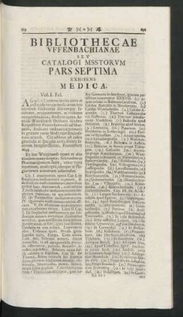 Bibliothecae Uffenbachianae Seu Catalogi Msstorum Pars Septima Exhibens Medica.