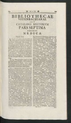 Bibliothecae Uffenbachianae Seu Catalogi Msstorum Pars Septima Exhibens Medica.