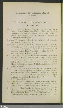 Vertheilung der Lehrarbeit 1877/78