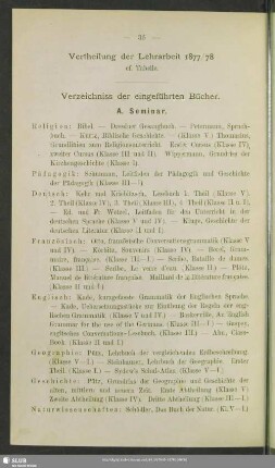 Vertheilung der Lehrarbeit 1877/78