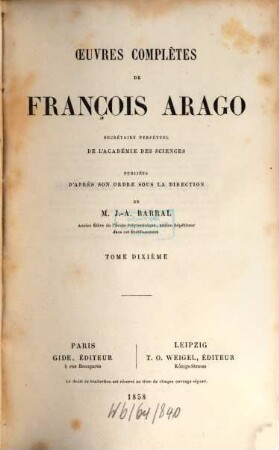 Oeuvres complètes de François Arago. 10, Mémoires scientifiques ; 1