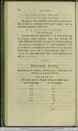Vierzehnte Uebung. Wiederholung der Addition, Multiplication, Subtraction und Division mit zugefügten Proben