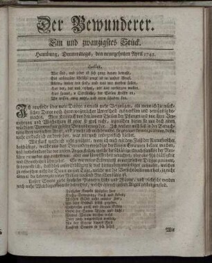 Ein und zwanzigstes Stück. Hamburg, Donnerstags, den neunzehnten April 1742.