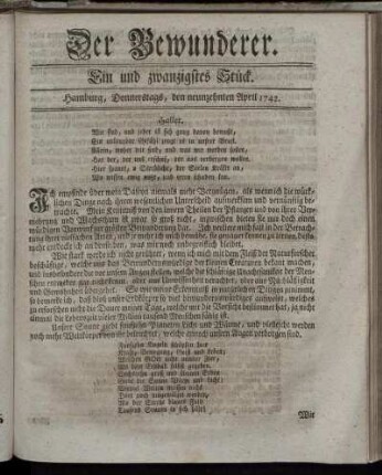 Ein und zwanzigstes Stück. Hamburg, Donnerstags, den neunzehnten April 1742.