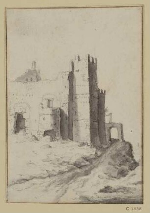 Ruine eines Schlosses mit viereckigem Turm