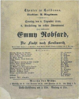Theaterzettel für eine Aufführung "Emmy Robsard, oder die Flucht nach Kenilworth"