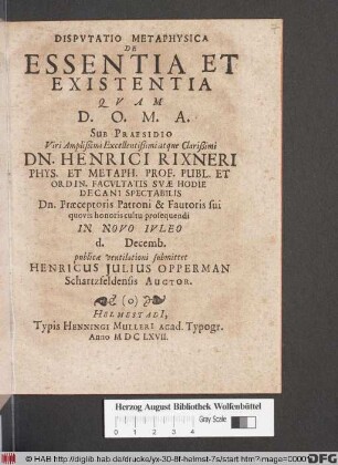 Disputatio Metaphysica De Essentia Et Existentia