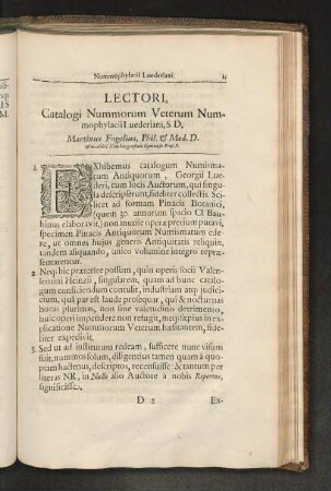 Lectori, Catalogi Nummorum Veterum Nummophylacii Luederiani, S. D.