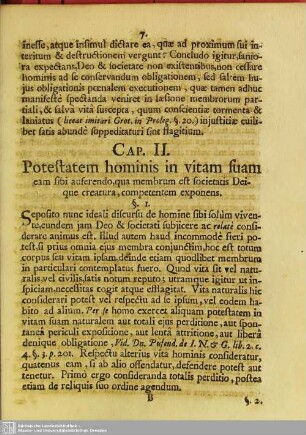 Cap. II. Potestatem hominis in vitam suam eam sibi auferendo, qua membrum est societatis Deique creatura, competentem exponens