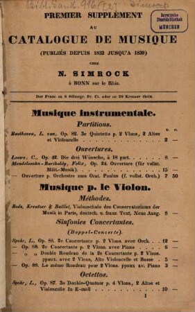 Catalogue du Fonds de Musique de N. Simrock à Bonn. [2]. 1. Supplément au Catalogue de Musique (publiés depuis 1833 jusqu'à 1839). - 1839. - 39 S.