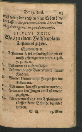 Titulus XXIII. Was zu einem Vollstendigen Testament gehöre.