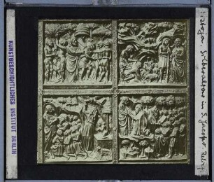 Pistoia, Kathedrale San Zeno,Pistoia, Kathedrale, Silberaltar des Hl. Jakobus : Schauseiten-Reliefs der Mensa (Ausschnitt von vier Szenen)