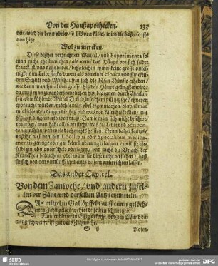 Das ander Capitel. Von dem Zahnwehe, und andern zufellen der Zäne, und derselben Artzneymitteln