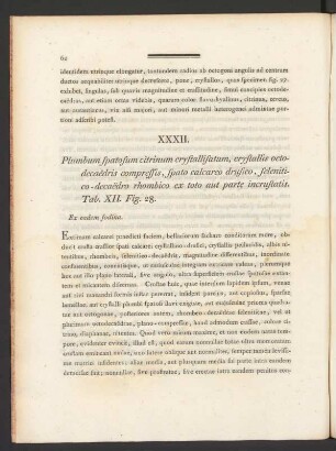 XXXII. Plumbum spatosum citrinum crystallisatum, crystallis octodecaedris compressis, ... Tab. XII. Fig. 28