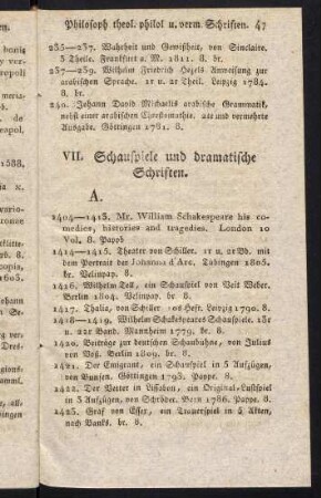 47-71, VII. Schauspiele und dramatische Schriften. - VIII. Gedichte, Romane und Erzählungen.