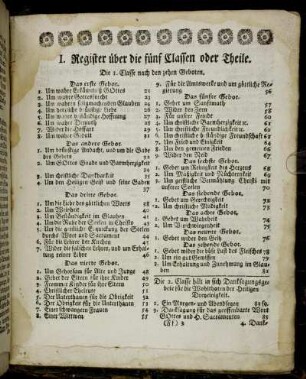 I. Register über die fünf Classen oder Theile.