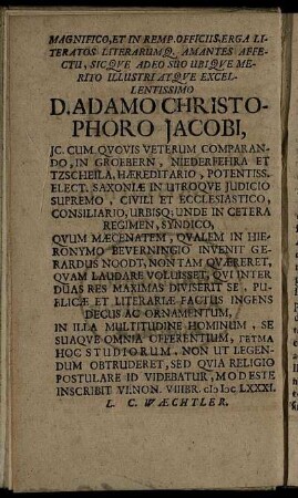 Magnifico ... D. Adamo Christophoro Jacobi, IC. Cum Quodis Veterum Comparando, In Groebern, Niederfehra ...