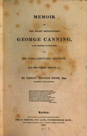Memoir of the right honorable Georg Canning, late Premier of England