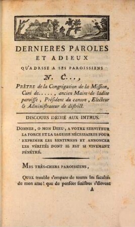 Dernières paroles et adieux qu'adresse à ses paroissiens N. C...