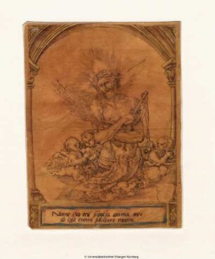Halbfigur des Schmerzensmannes mit Rute und Geißel, auf Wolken von drei Putten umgeben