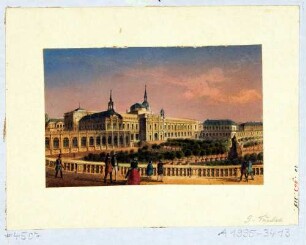 Der Zwinger in Dresden, Blick von der Balustrade südlich des Wallpavillons auf die Gemäldegalerie Alte Meister (Semperbau)