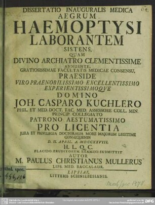 Dissertatio Inauguralis Medica Aegrum Haemoptysi Laborantem Sistens