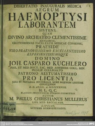 Dissertatio Inauguralis Medica Aegrum Haemoptysi Laborantem Sistens