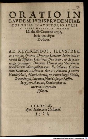 Oratio in Laudem Iurisprudentiae Coloniae habita