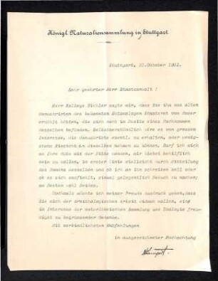 Brief von Lampert (Königliche Naturaliensammlung Stuttgart)