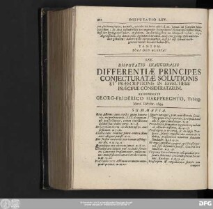 LXV. Disputatio Inauguralis Differentiae Principes Coneicturatae Solutionis Et Praescriptionis In Effectibus Praecipue Consideratarum. Respondente Georg-Friderico Harpprechto, Tubing. Mens. Octobr. 1699.