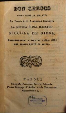 Don Checco : opera buffa in due atti ; rappresentata la sera 11 luglio 1851 nel Teatro Nuovo di Napoli
