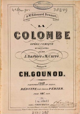 La colombe : opéra comique en 2 actes de J. Barbier et M. Carré