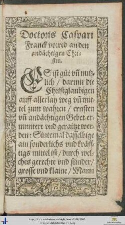 Doctoris Caspari Franck vorred an den andächtigen Christen