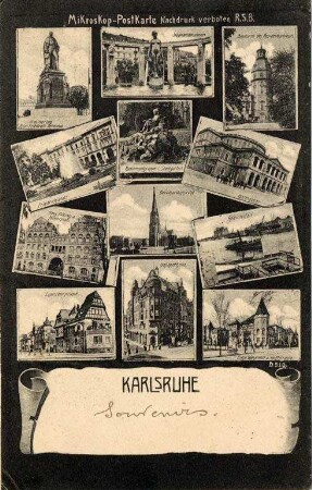 Postkartenalbum. "Karlsruhe. Mikroskop-Postkarte". Rheinhafen, Karl-Friedrich-Denkmal, Stephanbrunnen, Schlossturm, Friedrichsplatz, Hoftheater, Kirche St. Bernhard, Hofapotheke, Haus Billing am Kaiserplatz, Eisenlohrstraße, Ecke Westend-/Hoffstraße