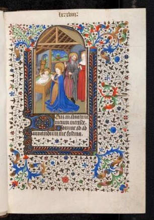 Bordüren-Miniatur-Seite: (Marienoffizium: Prim) Christi Geburt; Zierinitiale: D(eus in adiutorium meum intende)