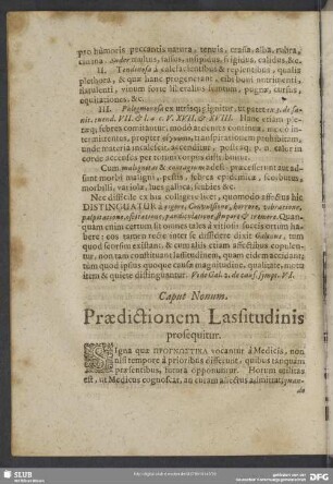 Caput Nonum. Praedictionem Lassitudinis prosequitur