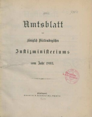 1893: Amtsblatt des Württembergischen Justizministeriums