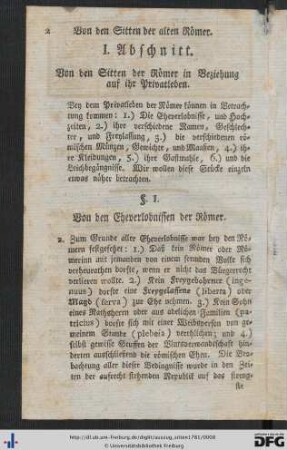 I. Abschnitt. Von den Sitten und Gebräuchen der alten Römer in Beziehung auf ihr Privatleben.