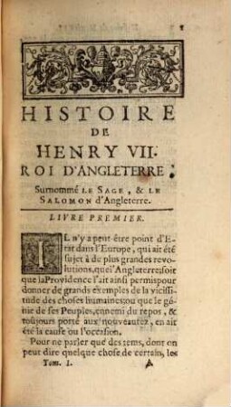 Histoire De Henri VII Roy D'Angleterre, Surnommé Le Sage, & Le Salomon d'Angleterre, 1