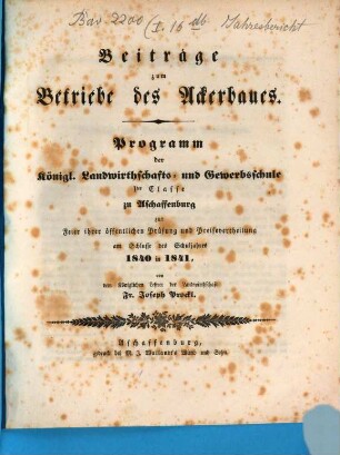 Beiträge zum Betriebe des Ackerbaues : Programm