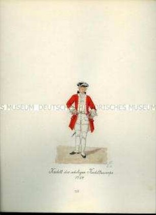 Uniformdarstellung, Kadett des adligen Kadetten-Korps, 1764. Aus: Sammelmappe "Sachsens Militär", Königliche Arsenalsammlung.