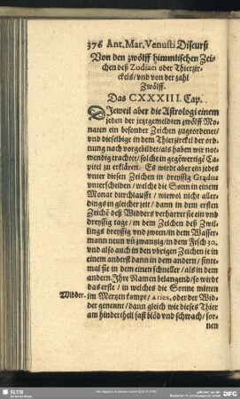 Von den zwölff himmlischen Zeichen deß Zodiaci oder Thierzirckels, und von der zahl Zwölff. Das CXXXIII. Cap.