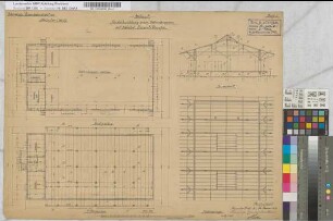 Entwurf für die Errichtung eines Güterschuppens auf Bahnhof Hervest-Dorsten, Blatt 1: Grundrisse, Schnitt, Sparrenlage, M. 1:100 Hga