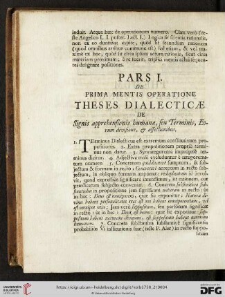 Pars I: De prima mentis operatione Theses Dialecticæ: De Signis apprehensionis humanæ, seu Terminis [...]