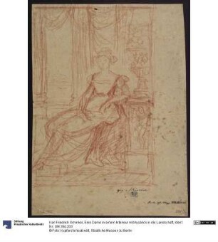 Eine Dame in einem Interieur mit Ausblick in die Landschaft