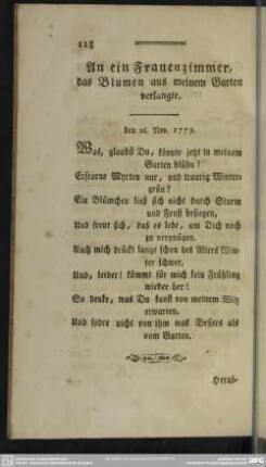 An ein Frauenzimmer, das Blumen aus meinem Garten verlangte, den 26. Nov. 1779