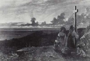 Landschaft zwischen Rom und Albano bei Sonnenuntergang mit knienden Kindern vor Kruzifix